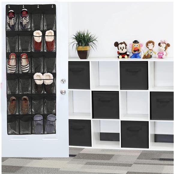 24 Pockets Crystal Clear Over The Door Hanging Shoe Organizer Black 64'' x 19” - Picture 6 of 8